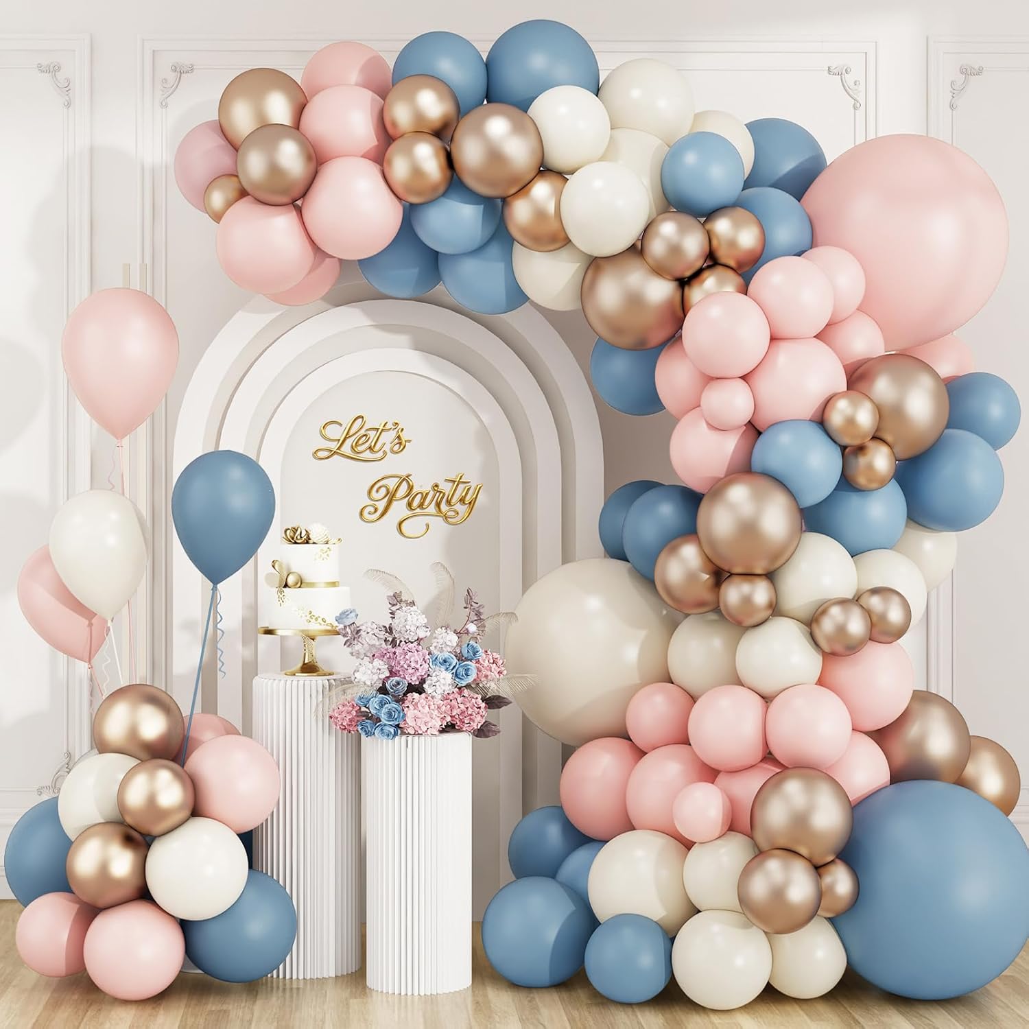Balloon Arch Kit - Tozlu Pembe Mavi Şampanya Altın Rengi
